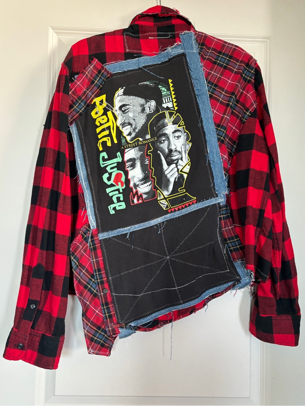 Red and Black Buffalo Plaid Flannel Jacket with Graphic Back Patch